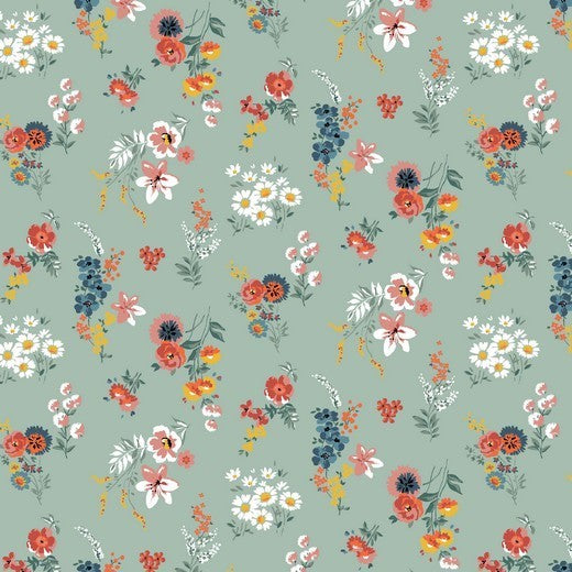 Katoen Poplin Print Flowers Mint Soys Kantjeboord
