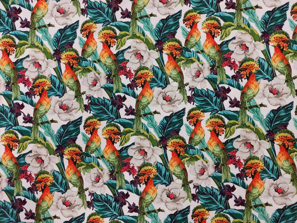 Katoenen Lycra Jungle Vogels Soys Kantjeboord