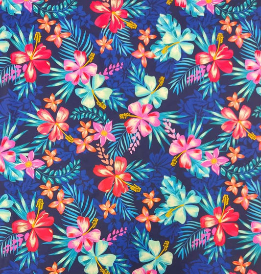 Badpakken Lycra Tropische Bloemen op Blauw Soys Kantjeboord