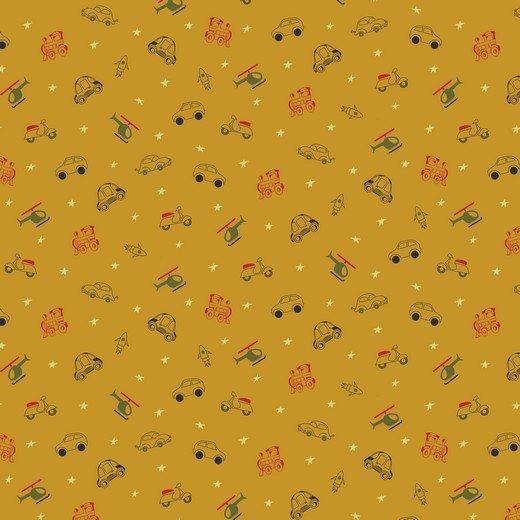 Katoen Poplin Print Cars Ochre Soys Kantjeboord