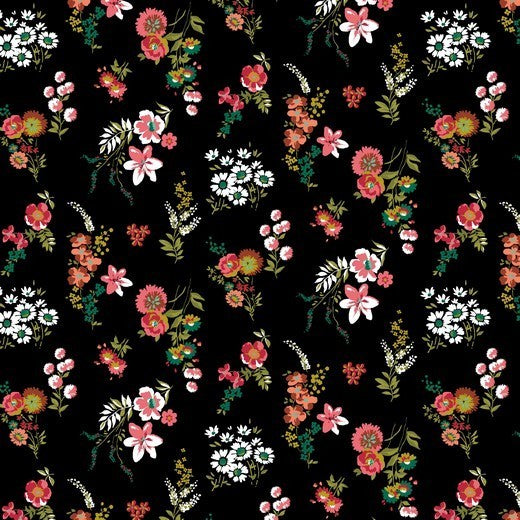 Katoen Poplin Print Flowers Black Soys Kantjeboord