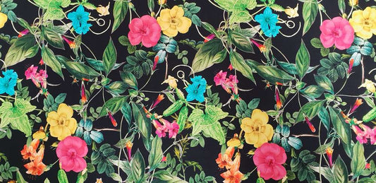 Katoenen Lycra Bloemen op Zwart Soys Kantjeboord
