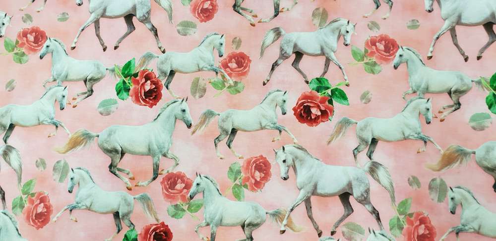 Katoenen Lycra Roze Paardjes met Rozen Soys Kantjeboord