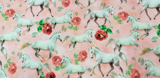 Katoenen Lycra Roze Paardjes met Rozen Soys Kantjeboord