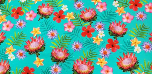Katoenen Lycra Tropische Bloemen op Turquoise Soys Kantjeboord
