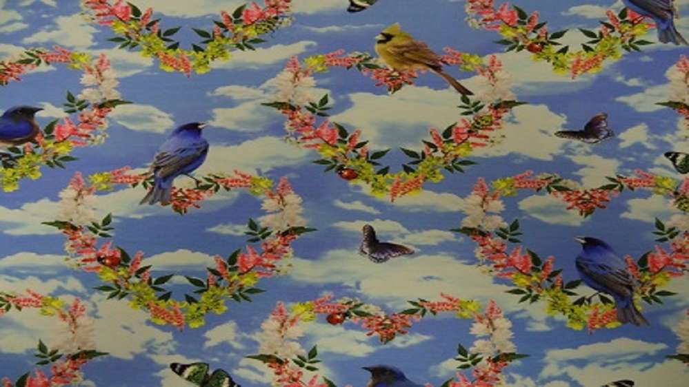 Katoenen Lycra Vogels met Bloemenslinger Soys Kantjeboord