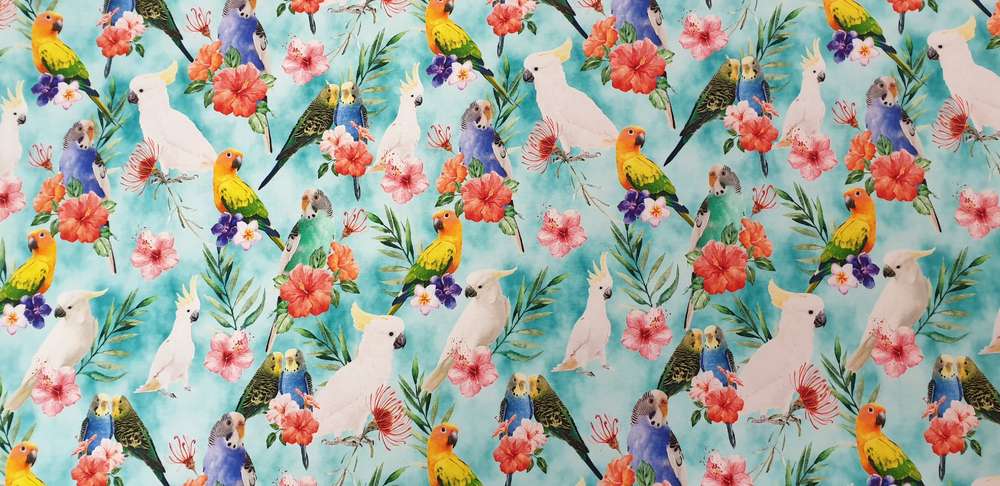 Katoenen Lycra Vogels op Turquoise Soys Kantjeboord