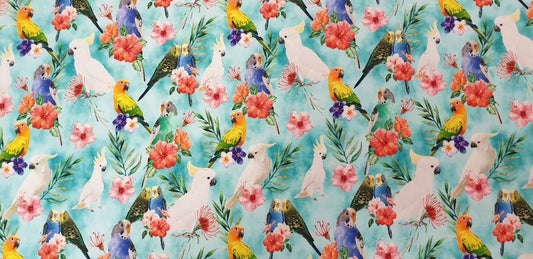Katoenen Lycra Vogels op Turquoise Soys Kantjeboord