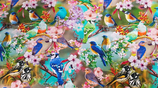 Katoenen Lycra Vogeltjes en Bloesem Soys Kantjeboord